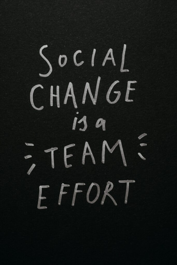 Inspirational quote 'Social Change is a Team Effort' on a black background, emphasizing collective action.