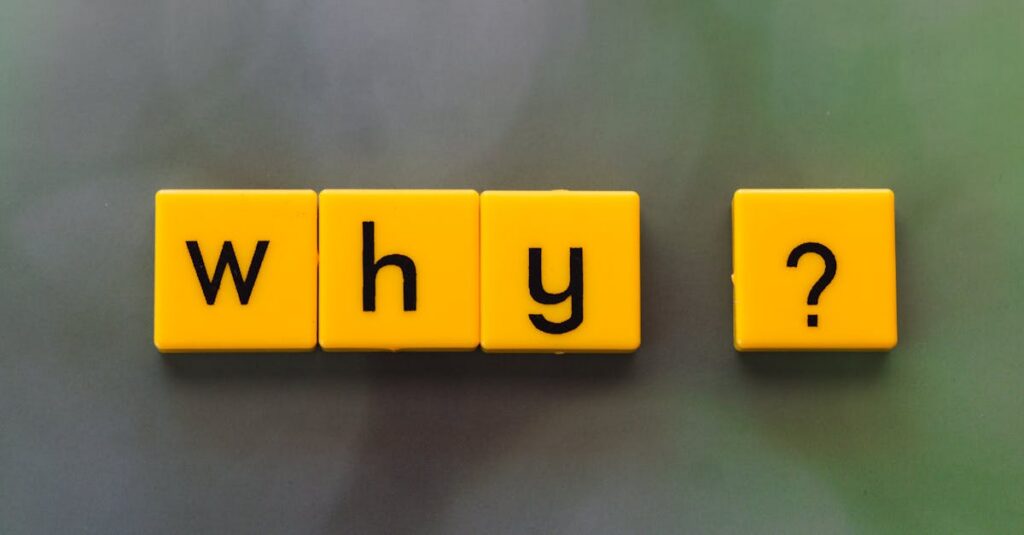 Yellow letter tiles spelling 'why?' create a thought-provoking scene on a green blurred background.