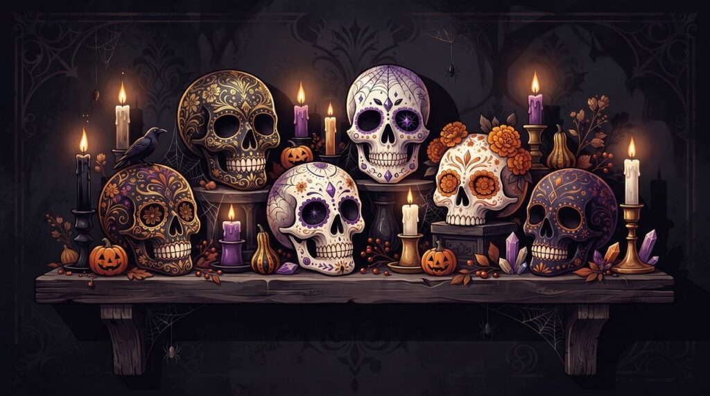 skull, nature, flower wallpaper, flower background, halloween, day of the dead, sugar skull, candles, pumpkin, lantern, raven, autumn, gothic, dark, spider, flowers, beautiful flowers, fairy, purple, black, decoration, seasonal, mystical, purple lights
